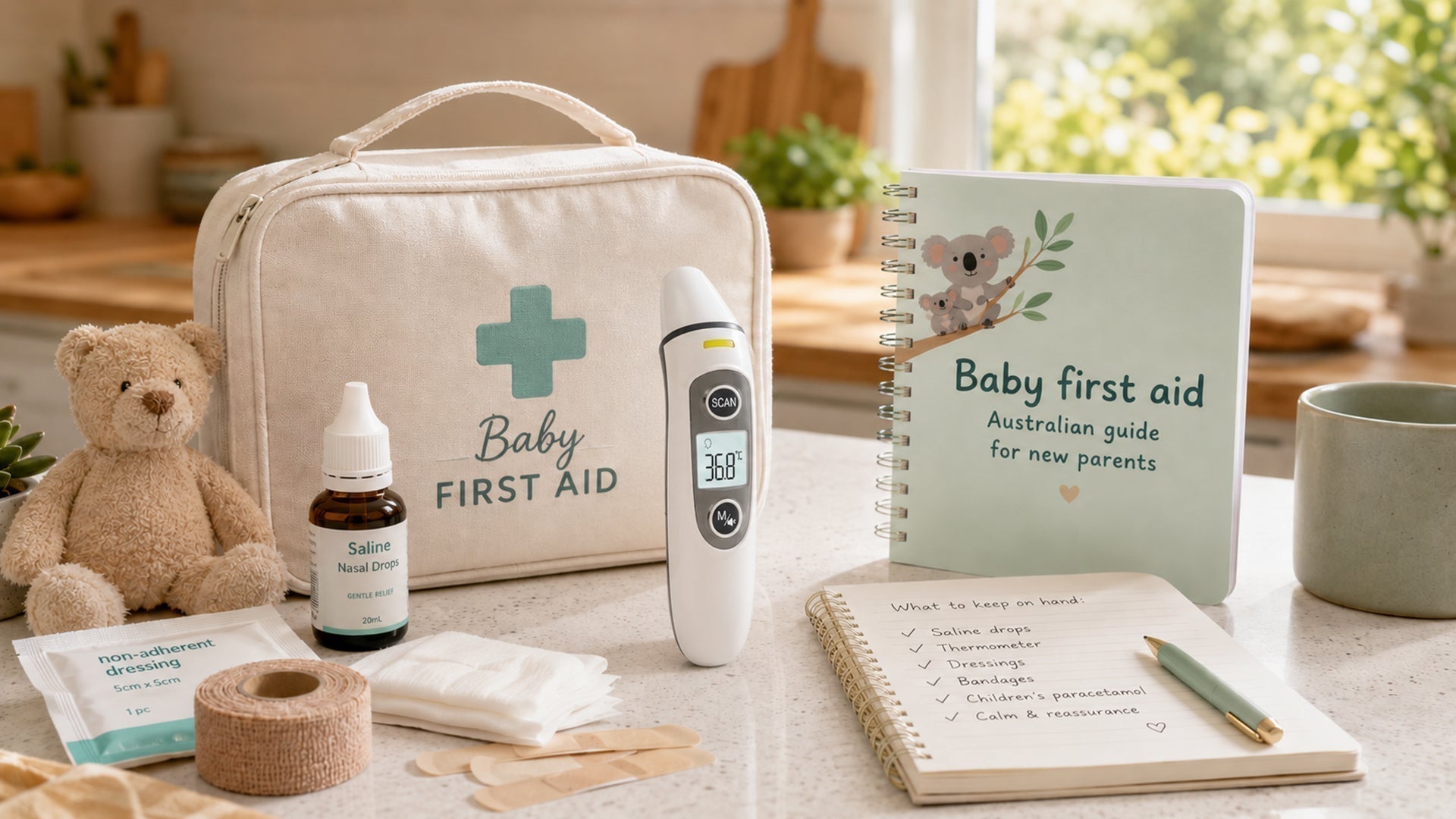 A mother gently checking her baby's temperature with a digital thermometer, highlighting essential baby first aid preparation.