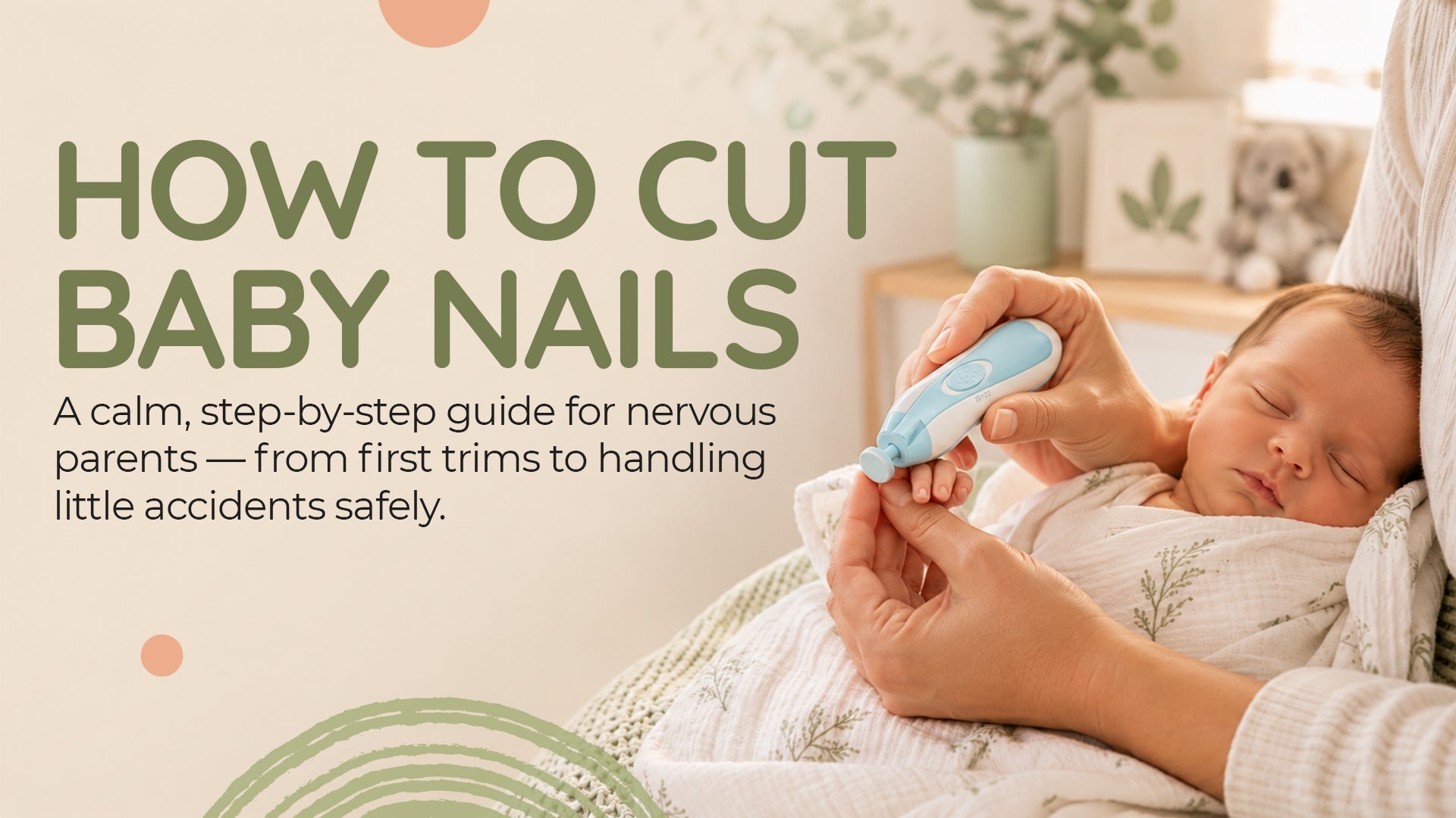 A parent calmly using an electric nail trimmer on a sleeping newborn's fingers to safely trim their nails.